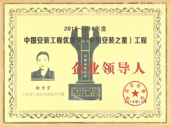 2015-2016年度中國安裝工程優(yōu)質獎（中國安裝之星）工程企業(yè)領導人（古運河項目2016.12）